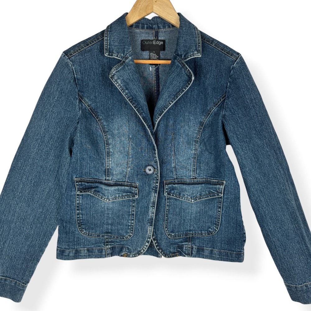 OuterEdge Denim Blazer Womens Jean Jacket Size Large Preppy Streetwear Casual